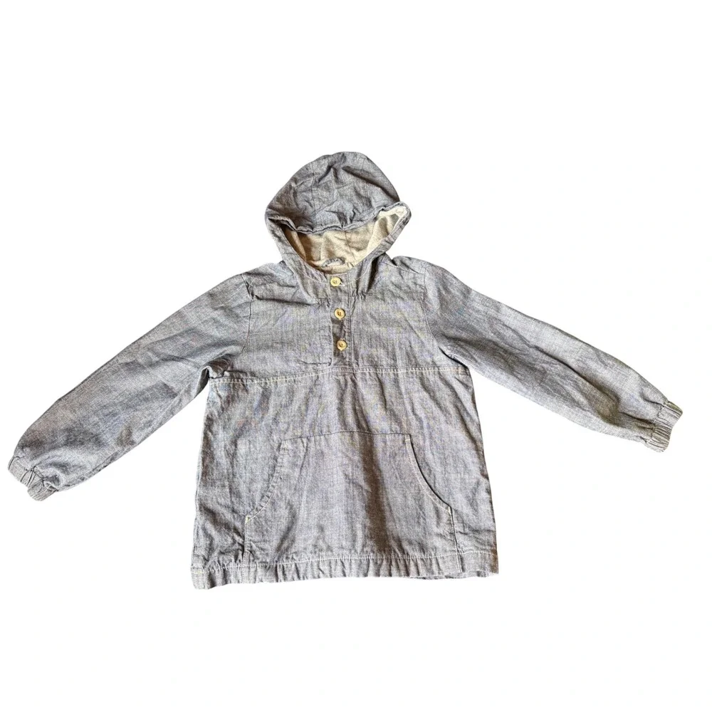 Old Navy Boys 5T Blue Chambray Pullover Hoodie Henley Kangaroo Pocket Top